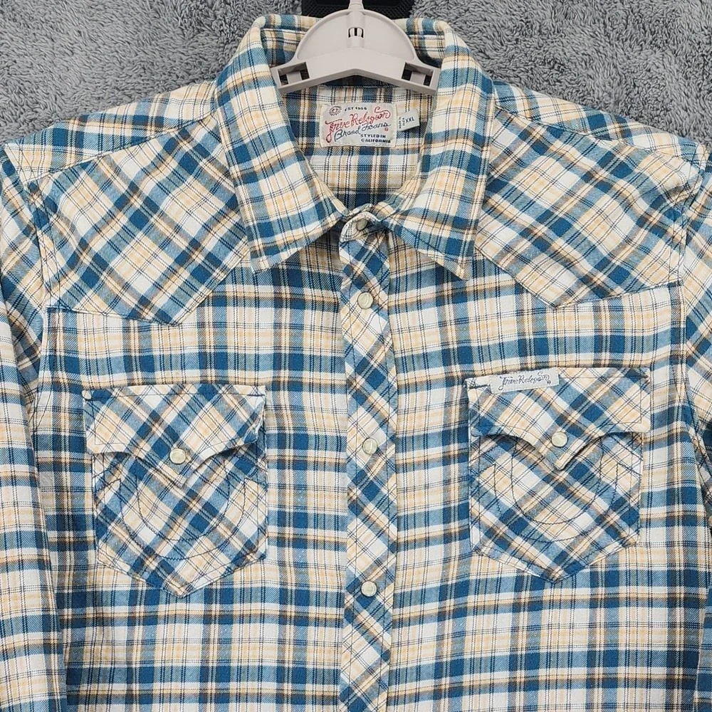 True Religion Shirt Mens 2XL Plaid Flannel Pearl Snaps Horseshoe Dual Pockets